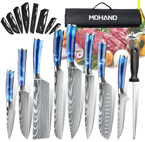 MDHAND Set de Couteaux de Cuisine, 8 pièces couteau cuisine professionnelle avec étui à roulettes, acier inoxydable à haute teneur en carbone extrêmement tranchant Ensemble de couteaux de cuisine