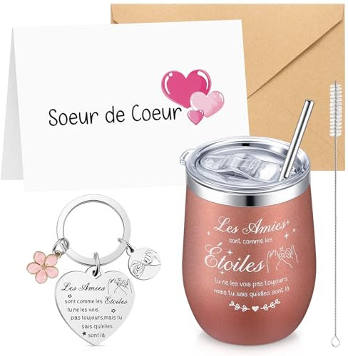 Yaryang Cadeau Meilleure Amie: Mug Isotherme avec Couvercle et Paille, Porte-Clés, Cartes de Vœux et Enveloppes - Pour Anniversaire, Fête d'Adieu, Noël