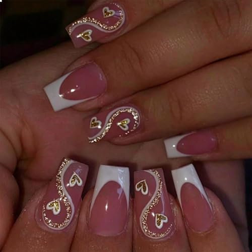 GlamRays 24 Stück Press on Nails Mittel Quadratig Pink Liebeshemd Falsche Nägel Mit Design Pink Französische Spitze Falsche Nägel Künstliche Akrylnägel Vollumfängliche