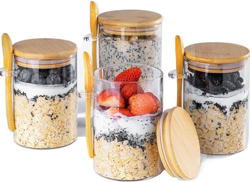 ALINK Overnight Oats Containers with Lids,17oz Overnight Oats Jars 4 Pack, Oatmeal Cups,Meal Prep Containers,Glass Meal Prep Containers with Lids,Pudding Jars