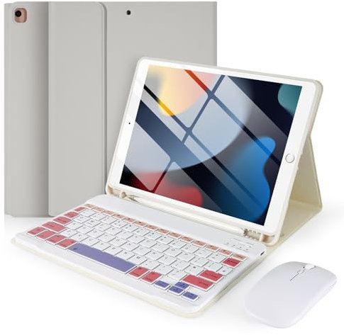 SOPPY Bluetooth Keyboard Case with Mouse for iPad 9th Gen 2021, 8th Gen 2020, 7th Gen 10.2 2019, Air 3 & Pro 10.5, Detachable Wireless, Slim Protective Cover, with Pencil Slot, UK Layout, Grey