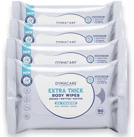 Dymacare Extra Thick Body Wipes – Hypoallergenic, Fragrance-Free, Skin-Friendly with Vitamin E & Pro-B5 – Travel & Gym Essential – Rinse-Free Shower Wipes for Adults (4 Packs, 200 count)