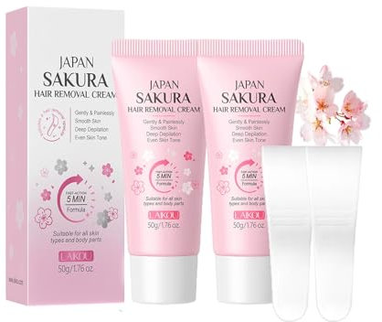 Körperhaarentfernungscreme – 2 Pack Japan Sakura schmerzfreie Enthaarungscreme für Bikinizone, Körper, Beine, Arme, Achselhaarentfernungsbutter für Frauen mit Spatel, für alle Hauttypen