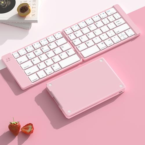 Foldable Bluetooth Keyboard - Portable With Storage Bag, Ultra Slim Compatible With iOS Android Windows Smartphone Tablet and Laptop(Elegant Blue-Pink)