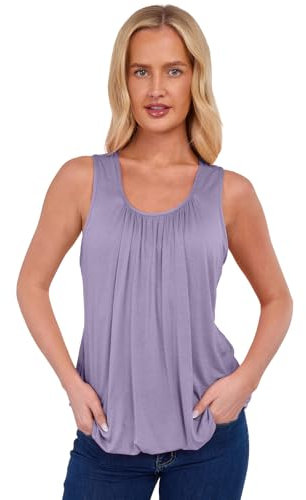 NetSetUK Women Bubble Hem Straps Vest Top Sleeveless Round Pleated Scoop Neckline Vest Summer Ladies Loose Fit Elasticated Camisole Swing Waist Top Lilac