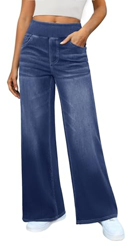 DLOODA Women's Wide Leg Jeans High Waisted Stretchy Denim Pants Elastic Waist Pull On Sweatpant Jeans Trendy Baggy Loose Medium Blue