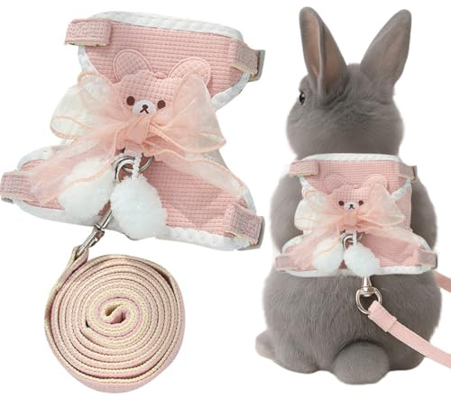 GGUFAY Kaninchen Leine, Verstellbares Kaninchenzubehör, 120cm Weiche Kaninchenleine, Hasenzubehör mit Elastischer Leine, Katzenleine mit Geschirr für Kleintiere, Outdoor Gehen (Rosa)