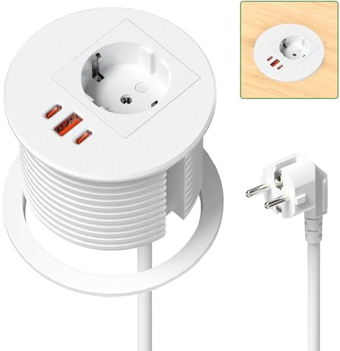 Multiprise Encastrable avec 2 USB C PD 35W, Multiprise Electrique Encastrable USB A QC 18W, Bloc Prise Encastrable pour Plan de Travail, Cuisine, Bureau, Meubles, 1,8M Câble, Blanc
