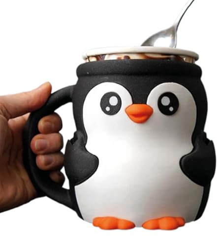 Cute Penguin Ice Cream Cup Holder, Reusable Pint Ice Cream Sundae, 473 ml, Anti-Freez Hands, Penguin Cream Container Cover, Leak-proof Ice Holder with Secret Snack Drawer and 2 Spoons