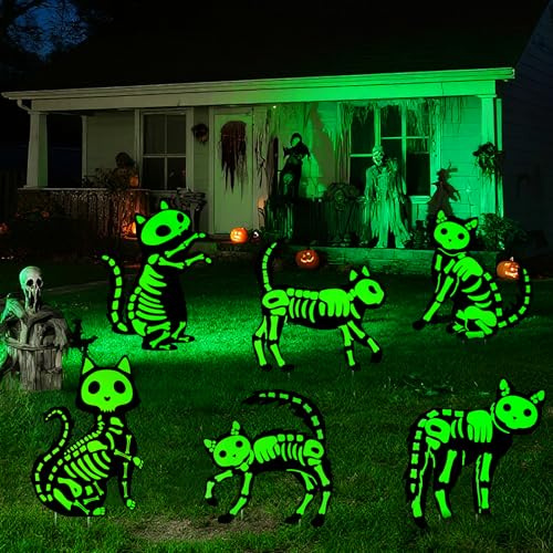 TaoQ C 6 Pièces Halloween Chat Silhouette de Cours Squelette de Chat Lumineux Signe de Jardin pour la Décoration de la Maison et du Jardin Extérieur