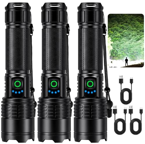 Kmivo Rechargeable Led Flashlight High Lumens - 3 Packs Bright Powerful Flash Light with 5 Modes, Waterproof Handheld Linterna for Home, Camping