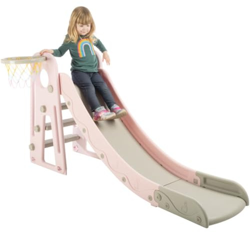 Toddler Slide with Basketball Hoop and Ball - Indoor and Outdoor Play Equipment for Kids Age 3 and Up - Foldable Plastic Climber Slide Playset Toys by Hey Play (Pink)