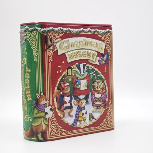MediMuc Kleine Buchdose Xmas Song rot Weihnachtsdose, Aufbewahrungsdose, Keksdose, Blechdose aufwändig geprägt und bedruckt lebensmittelecht - Vol. 1,75l - Maße: (L x B x H): 17,5 x 15,2 x 8,8cm