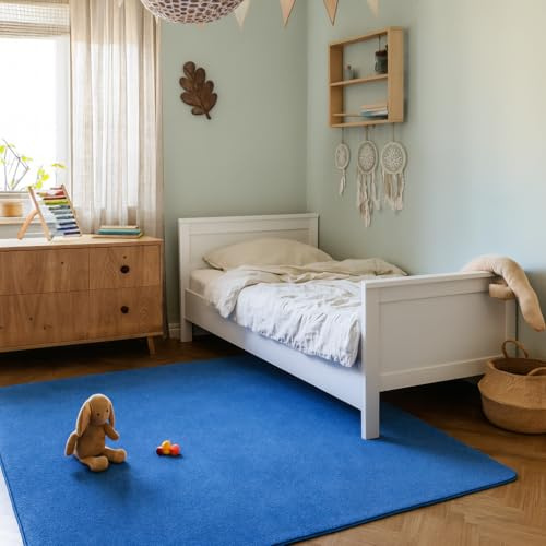 Snapstyle Velours Kinderteppich Joy Kids Blau– Weich & Pflegeleicht, Uni-Design, Schadstoffgeprüft, Teppich für Kinderzimmer & Spielbereich, viele Farben