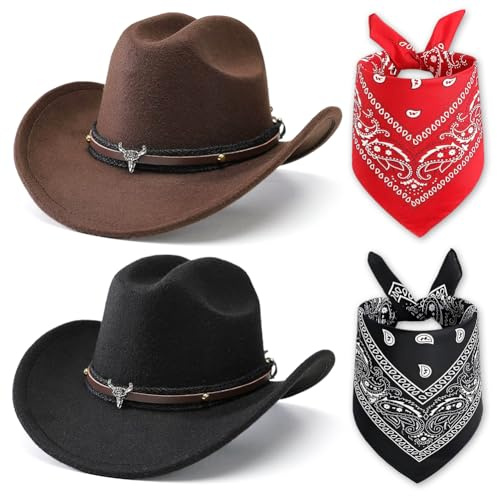 FCXVXCL Chapeau Western 4 Pièces Casquettes Foulard Set Chapeau De Cowboy Occidental Vintage Avec Accessoires Uniques Tête De Taureau Adaptés Pour Halloween Les Fêtes À Thème