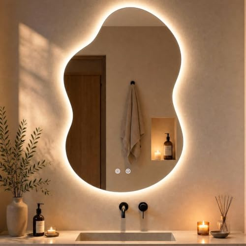 Clevich Asymmetrischer LED Badspiegel mit Beleuchtung 90x60 cm Beschlagfrei | Gehärtetes Sicherheitsglas, Touch-Schalter, Dimmbar,3 Lichtfarbe, Memory-Funktion, vertikale/horizontale Montage