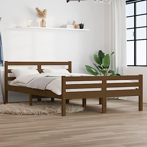 Hoopleep Massivholz Bett Honigbraun 120x190 cm Kiefernholzrahmen mit Sperrholzlatten, Robustes Bettgestell, Komfortables Kopfteil, Stabile Plattform für Matratze, Modernes Design