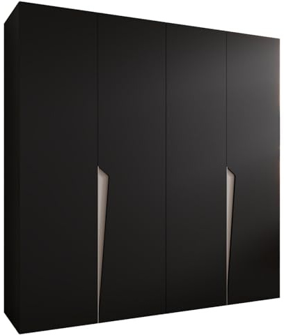 MEBLE KRYSPOL - Kleiderschrank - Garderobenschrank - 200 cm x 202 x 52 cm - Schrank mit Kleiderstange, 4 Türen - für Schlafzimmer, Flur - Piano, Schwarz, Griff Kaschmir