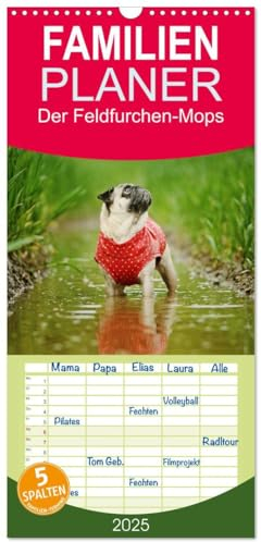 Familienplaner 2025 - Der Feldfurchen-Mops mit 5 Spalten (Wandkalender, 21 cm x 45 cm), CALVENDO: ...und seine Freunde (CALVENDO Tiere)