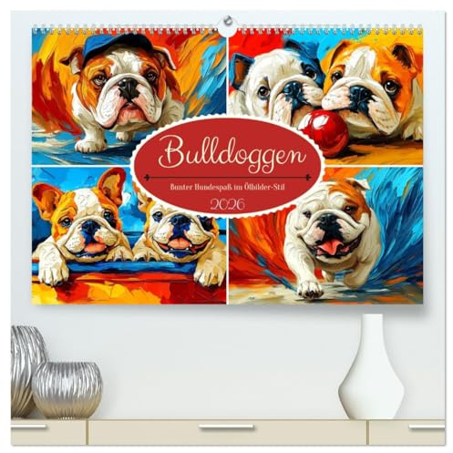 Bulldoggen. Bunter Hundespaß im Ölbilder-Stil (hochwertiger Premium Wandkalender 2026 DIN A2 quer), Kunstdruck in Hochglanz: Farbenfroher Kunst, in ... Ölgemälden erstrahlen (CALVENDO Tiere)