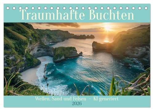 Traumhafte Buchten (Tischkalender 2026 DIN A5 quer), CALVENDO Monatskalender: Wellen, Sand und Felsen - KI generiert (CALVENDO Natur)