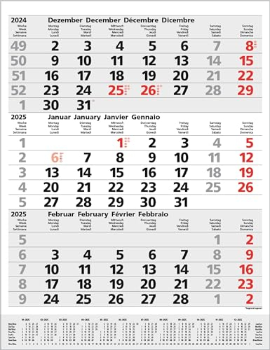 3-Monats-Planer Comfort Grau 2025: 3-Monatskalender groß I Wandplaner / Bürokalender mit Datumsschieber, Vor-und Nachmonat und Jahresübersicht I 30 x 39 cm