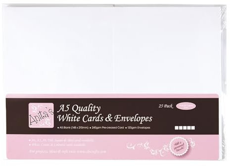 Anita's Plain, Blank Cards & Envelopes, A5, White, Pack of 25, for Home, Wedding, Birthday, Christmas, Thank You, Art & Craft, Scrapbooking Supplies, Baby Shower, Card Making