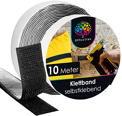 OfficeTree 10 Meter Klettband Selbstklebend Extra Stark - Schwarz 20mm - Doppelseitiges Klettband Extra Stark - Selbstklebende Klettbänder - Klettverschluss Selbstklebend für Fenster & Teppich
