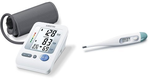 Sanitas SBM 21 Oberarm-Blutdruckmessgerät, vollautomatische Blutdruck- und Pulsmessung am Oberarm mit Arrhythmie-Erkennung + SFT 01 Digitales Fieberthermometer