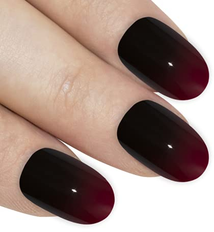 Faux Ongles Bling Art Rouge Noir Glossy Ovale 24 Moyen Faux bouts d'ongles acrylique avec colle
