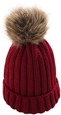 newrong Damen Wärmer Strick Bommelmütze Wein Rot Einheitsgröße