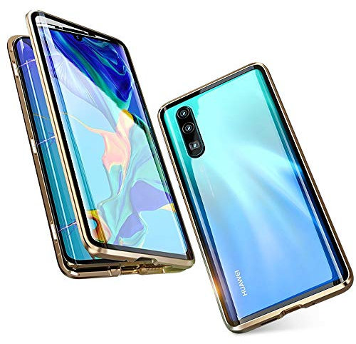 Jonwelsy Funda para Huawei P30 Lite, Adsorción Magnética Parachoques de Metal con 360 Grados Protección Case Cover Transparente Ambos Lados Vidrio Templado Cubierta para Huawei P30 Lite