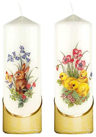 Meissner-Handel Auswahl * 2 Stück Osterkerze Stumpenkerze Osterdeko * 6 x 18 cm * mit farbigen Wachs- und Bildauflagen * Auswahl Motiv + Farbe * gelb * (Serie 3 - Set 08/09)