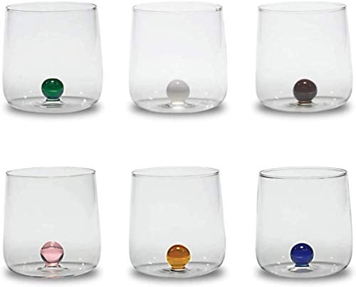 Zafferano Bilia Glasbecher - Handgemachtes Transparent Glas, Verziert mit bunter Glaskugel im Inneren, cl 44 h 90mm d 88mm - Set 6 Stück - Farblich Sortiert