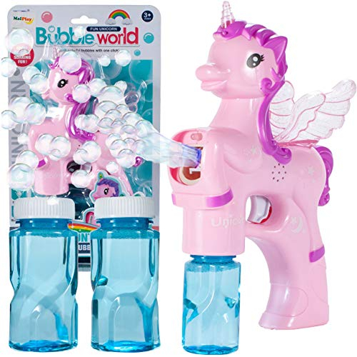 MalPlay Seifenblasenmaschine Einhorn Blasenmaschine | drinnen und Draußen | Pistole Bubble Gun | mit Licht und Music | Seifenblasen für Babys ab 3 Jahren