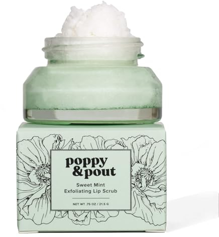 Poppy & Pout Natural Lip Scrub, Moisturizing Sugar Scrub for Dry Lips, Lip Scrubber Exfoliator with Essential Oils Smooths and Hydrates Lips, In Recyclable Glass Jars, Cruelty Free - Sweet Mint