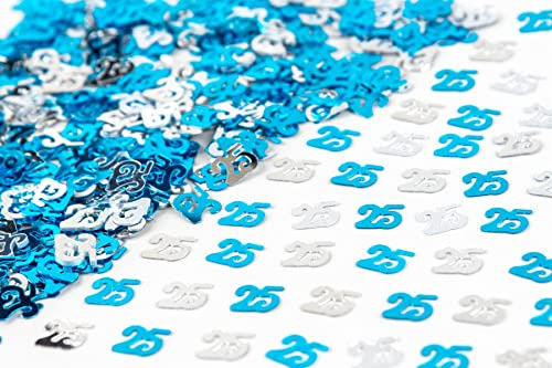 25th Birthday Confetti 28g - Blue & Silver Metallic Foil Table Scatter Sprinkles, Number 25 Party Decorations for Birthday Tables, Cards, Invitations, Gift Bags and Celebration Décor