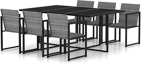 vidaXL Essgruppe Outdoor 7-teilig mit Kissen Terrasse Garten Terrasse Möbel Esstisch und Stuhl Sitzgelegenheit Poly Rattan Grau
