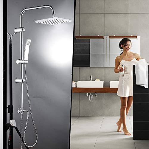 Bathroom Mixer Shower Set Shower System, Handheld Shower and with Adjustable Overhead Rainfall Shower Head and Riser Rail Kit Hose, Scalding Protection, Chrome Plated