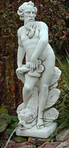 Casa Padrino Jugendstil Wasserspeier Skulptur Neptun mit Fisch Grau 30 x 35 x H. 132 cm - Elegante Wasserspeier Stein Figur - Barock & Jugendstil Garten Deko Accessoires