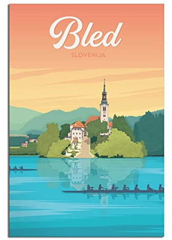 Slowenien Bled Vintage Reiseposter See Bled Town Leinwand Kunst Poster Gemälde Bilder Wandkunst Drucke, Wanddekoration für Schlafzimmer, Home Office Decor Party Geschenke 20 x 30 cm
