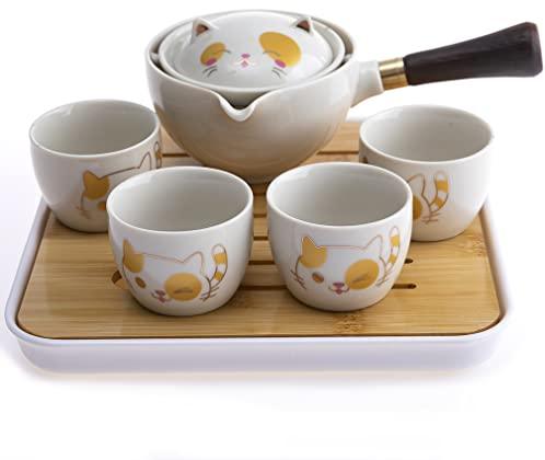 lachineuse – Juego de té japonés con gato Kawaii – con tetera, 4 tazas de porcelana, bandeja y bolsa de transporte – Idea de regalo japonés lindo – Vajilla asiática