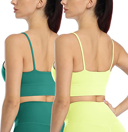 icyzone Damen Longline Sport-BH mit Gepolstert Fitness Yoga Top Strappy Bra, 2er Pack (M, Neon Orange/Green)