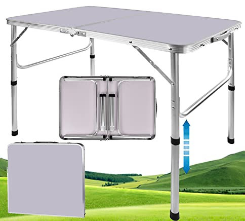 Folding Picnic Tables 3ft Camping Fold Up Table, Aluminium Portable Trestle Camping Picnic Dining Folding Craft Table Outdoor Collapsible Table, 2 Gear Adjustable Height, 90 x 60 x 30/67cm - White