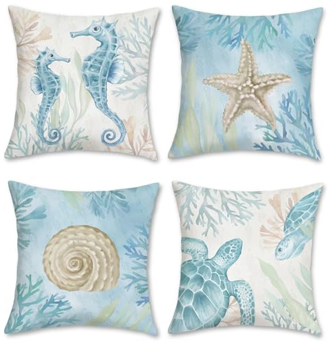 Bonhause Federe per Cuscini Spiaggia Oceano 45 x 45 cm Copricuscini Cavalluccio Marino Tartaruga Stella Marina Costiera Velluto Morbido Federa per Cuscino Divano Casa Decorazione Set di 4