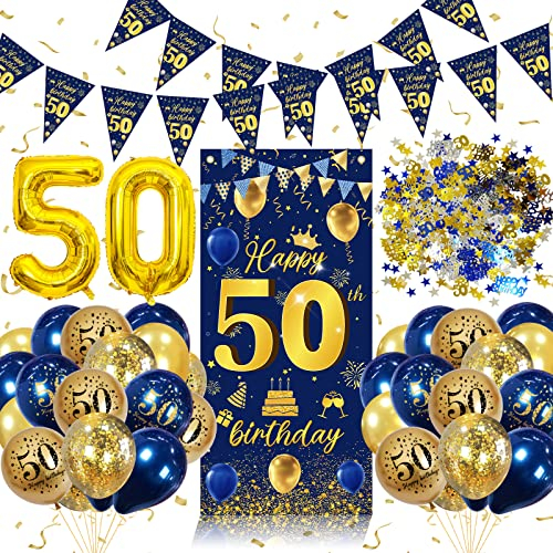 50 Geburtstag Deko Männer,50 Geburtstag Dekorationen Banner Blau Gold,50 Geburtstag Deko Girlande Banner Wimpelkette,Konfetti 50. Geburtstag Deko,50 Jahr Geburtstagdeko,Luftballons 50. Geburtstag