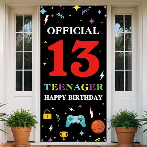 Official Teenager 13 Birthday Door Backdrop,Happy 13th Birthday Decoration for Boys Girls, Basketball Video Game Yard Sign Banner Decor Supplies for 13 Year Old Gamer Birthday Party, Fabric, Vicycaty