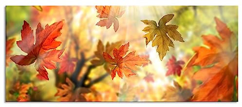Pixxprint Glasbild Panorama, Wandbild aus Echtglas, Fliegende bunte Herbstblätter, 100x40 cm, inkl. Aufhängung und Abstandshalter