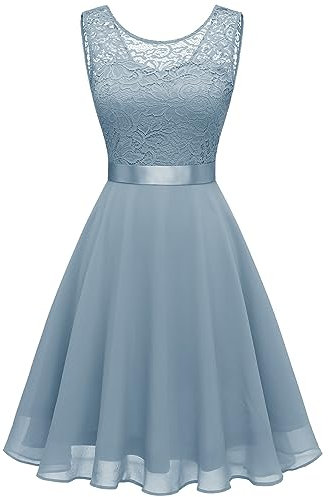 Berylove Damen Spitzenkleid Cocktailkleid Kurzes Konfirmationskleid Floral Spitze Festlich Brautjungfernkleider BLP7005NC Grey Blue 2XL