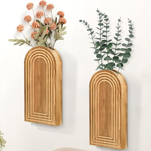Uipame 2 Pack Wall Decor Wood Planters for Indoor Plants, Modern Planter Bathroom, Living Room, Kitchen Decor, Farmhouse Vase Dried Flowers and Faux Greenery(Rustic Brown)